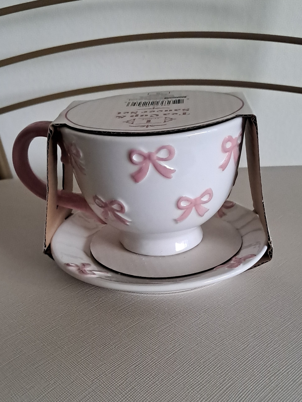 Crescent Pink Bow White Teacup and Saucer Set